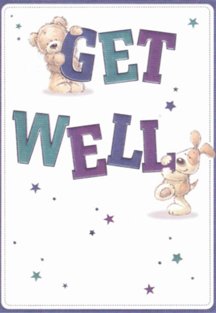 A get well card radiating gentle encouragement: two friendly figures-a bear and a puppy, softly rendered with inviting fur and expressive features-gather at the heart of the design. Animated stars, painted in varied shades of purple and aqua, dance across the surface, weaving invisible threads of good wishes much like laughter drifting from a homespun garden near Welling's Falconwood Green. The confident typography, oversized and shaded in deep, joyful colours, stands proud yet tender, embodying the promise of better days ahead. Each brushstroke feels intentional, a tactile suggestion similar to the plush petals and greenery woven by local florists along Welling's Upper Wickham Lane. Imagining this card tucked alongside a hand-delivered bouquet, one senses positivity, comfort, and a loving resolve to cheer a friend or neighbour's path to wellness. The scene's clean, luminous background leaves space for hope to blossom-making it perfect for hearts young and old seeking solace and brighter horizons in the heart of Welling.