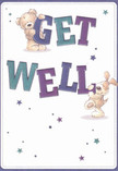 This get well card bursts with warmth and optimism, capturing two lovable friends-a huggable teddy bear and a playful puppy-as they joyfully balance atop vivid, oversized letters spelling 'Get Well'. The saturated indigo and teal hues of the text pop against a soft cream backdrop, bringing a gentle vibrancy echoing the cheerful blooms found at Florist Welling on a clear afternoon. Scattered star motifs, rendered in gradients of blue and purple, glimmer like tiny wishes cast above the rooftops of Welling. Both bear and pup are detailed with irresistibly fluffy fur, inviting the eye and heart to linger. The design uplifts with its lively spirit and tactile softness, reminiscent of arranging fragrant flowers for a friend recuperating near Danson Park. This card doesn't just deliver a message; it radiates gentle comfort and heartfelt care, its cheerful palette and affectionate characters soothing in a way that only thoughtful, local gestures can in the Welling community.
